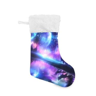 Imagem de Blueangle Pacote com 2 meias de Natal de lobo Aurora Boreal de 17,7 polegadas para decorações de festas de fim de ano, porta-presentes e meias (177)