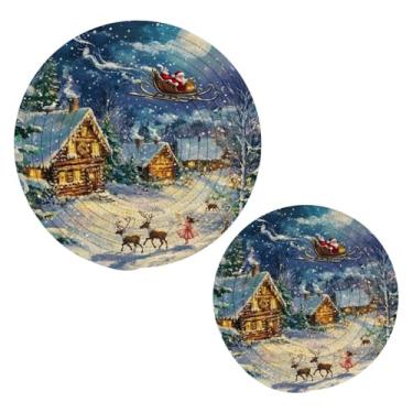 Imagem de Blueangle 2 peças de suporte de panela com desenho animado de casas de neve - conjunto de pegadores de panela de tecido redondo - almofadas quentes trançadas de algodão - porta-copos - tapetes de mesa