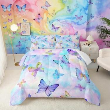 Imagem de QOOMO Jogo de cama casal com estampa de insetos de borboleta, colorido, microfibra e leve, 1 edredom e 2 fronhas