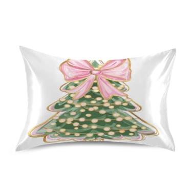 Imagem de ATTX Fronha de almofada de árvore de Natal com laço rosa com fecho de envelope para cabelo e pele, macia, respirável, suave, ambos os lados, capa de almofada de seda refrescante (Queen 50 cm × 76 cm