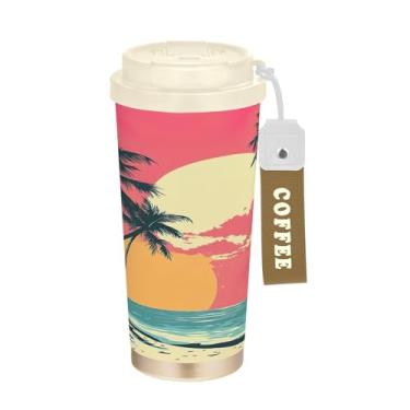 Imagem de SEHANY Caneca de viagem com palmeira de verão, 482 g, copos de café reutilizáveis revestidos de cerâmica com tampa à prova de vazamento, parede dupla, isolamento a vácuo, copo de café de aço