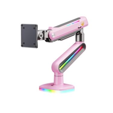 Imagem de Braço de monitor de jogos NB Designer para tela de 32 a 60 polegadas, carrega até 20 kg, VESA 75/100, RGB leve, resistente, ajustável em vários ângulos, alumínio premium, extensão de braço longo rosa