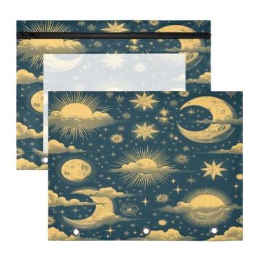 Imagem de Blueangle Bolsa retrô para lápis de sol e lua para fichário com 3 anéis, 2 pacotes com bolsa de lápis com janela transparente para documentos com zíper para escritório (213)