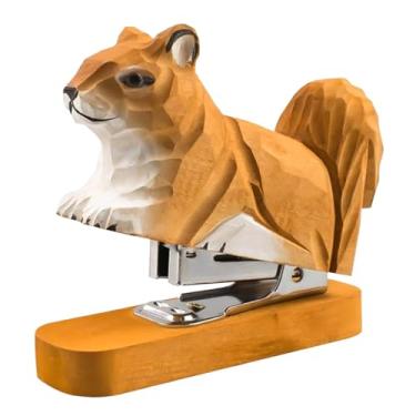 Imagem de Esquirla Grampeador de madeira em forma de animal, estatueta divertida e fofa de um mini grampeador portátil para decoração de mesa, ideal para escola, casa e, Esquilo