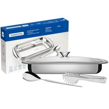 Imagem de Kit Assadeira Travessa Baixa Inox 3 Peças Tampa Vidro Tramontina