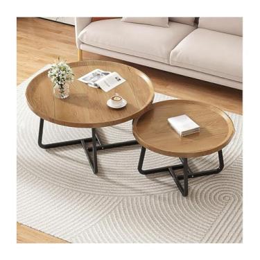 Imagem de HGTRH Mesas de encaixe redondas para sala de estar, conjunto de 2 mesas de centro modernas com suporte de aço carbono HDF empilhável para apartamento, sala de estar, quarto, varanda, madeira, 60 cm +