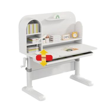 Imagem de Yadlan Escrivaninha crianças altura ajustável e inclinada, mesa de estudo mesa de estudo mesa de estudo mesa de menino, mesa infantil com gaveta e estante de livros branco 120 x 60 x 75 cm