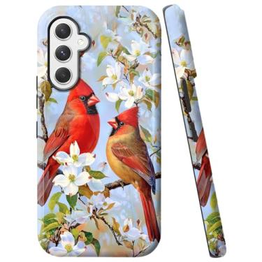 Imagem de WZCJDHMJ Capa para Samsung Galaxy S24, capa de camada dupla à prova de choque - silicone + PC resistente a impactos, capa protetora para celular 6,2 polegadas - flores brancas pássaros vermelhos
