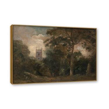 Imagem de Moldura de teca. Mural com moldura de madeira maciça John Constable Pintura de paisagem Arte de romance Imagem emoldurada pronta Arte de parede elegante (Uma igreja nas árvores). 80 x 112 cm