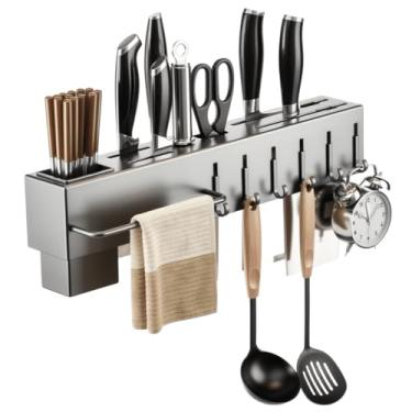 Imagem de Suporte Organizador de Cozinha em Aço Inox com 6 Ganchos, Barra Lateral, Instalação Fácil, Para Talheres, Facas, Utensílios e Tábuas, Organização Inteligente, Ideal Para Cozinhas
