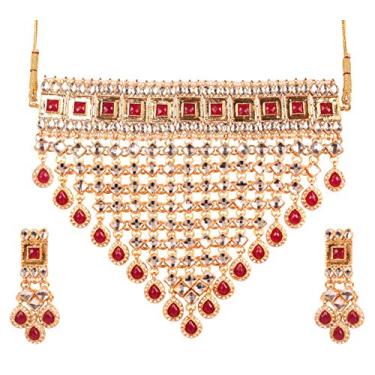 Imagem de Touchstone Nova coleção contemporânea Kundan réplica indiana de Bollywood com visual deslumbrante Mughal Kundan, joia de designer de rubi sintético, gargantilha de noiva grande em tom dourado para mulheres
