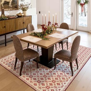 Imagem de jinchan Tapete de Natal com aparência de malha, 12 x 18 cm, para sala de estar, quarto, vermelho, para sala de jantar, hall de entrada, Natal, clássico, estampa de floco de neve, decoração de Natal