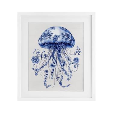 Imagem de Stupell Industries Funky Vintage Toile Jellyfish Impressão emoldurada branca sob vidro, design por Lettered and Lined, 16 x 13