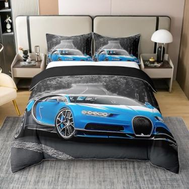 Imagem de Feelyou Conjunto de capa de edredom de carro de corrida azul 100% algodão tamanho casal carro esportivo velocidade esportes radicais jogo de cama velozes e furiosos 3 peças roupa de cama, sem edredom