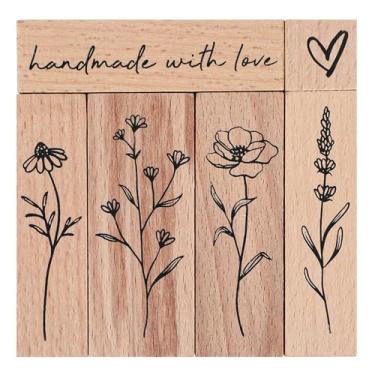 Imagem de Conjunto de 6 carimbos de borracha de madeira, carimbos de borracha vintage para artesanato, coração, flores de plantas, feitos à mão com carimbos de diário de amor para artes e artesanato, artigos de