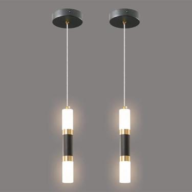Imagem de Luminária de ilha de cozinha moderna, LED regulável, mini pendente preta, para quarto, mesa de cabeceira, iluminação pendente pequena preta e dourada, semelhante a uma lanterna (pacote com 2