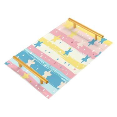 Imagem de Wassud Bandeja de banheiro com listras amarelas azuis, bandejas de perfume, alça de maquiagem, cômoda, quarto, cozinha, mesa, 30 x 20 cm