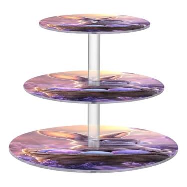 Imagem de CEBUGI Suporte de cupcake de 3 camadas, coelhinho com flores roxas, suporte redondo para bolo, torre, bandeja de servir em camadas de acrílico para chá, chá de bebê, casamento e mais