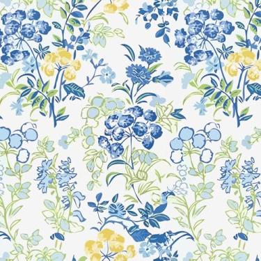 Imagem de VEELIKE Papel de parede floral amarelo azul floral vintage cottagecore papel de parede floral para quarto de meninas quarto berçário 48 cm x 354 cm papel de parede botânico removível autoadesivo para