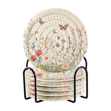 Imagem de SEHANY Elegante conjunto de 6 porta-copos de flores de borboleta com suporte, porta-copos redondos absorventes de algodão resistente ao calor para mesa de jantar, canecas de café, 10 cm