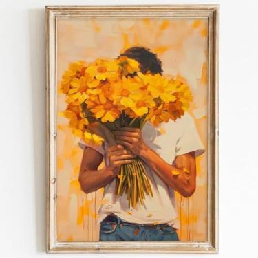 Imagem de Pintura de flor amarela arte de parede em tela masculina vintage impressões botânicas coloridas imagens de flores estéticas pôster de retrato vintage flores silvestres amarelas arte de parede em tela