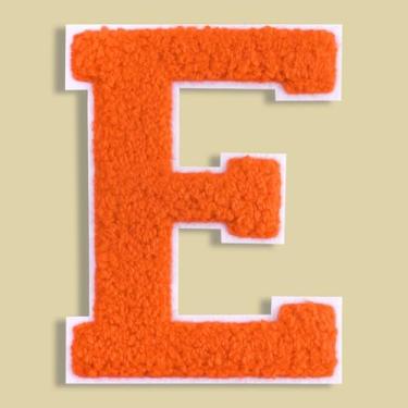 Imagem de QianSiLi Adesivos de letras universitárias de chenille laranja de 11 cm, letras grandes para jaquetas Letterman, moletons com capuz, mochilas, coletes, roupas, adesivos individuais de letra E