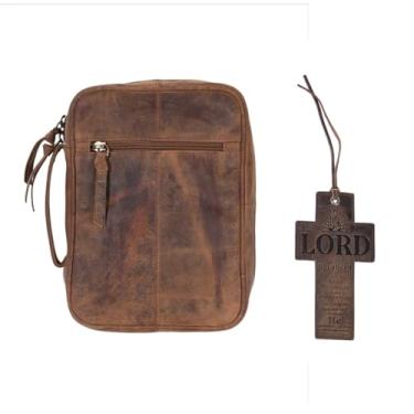 Imagem de RusticVintage Capa de couro para bíblia com fecho de correr, 28 x 20 x 6,4 cm, marrom, vários compartimentos de armazenamento