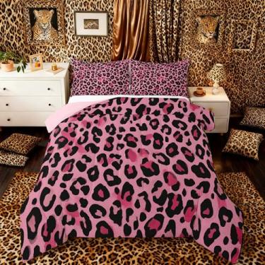 Imagem de jejeloiu Conjunto de cama macio com estampa de guepardo, para meninos e meninas, estampa de pele de animal selvagem, tamanho Queen, rosa, vida selvagem africana, edredom de microfibra, 3 peças com 2