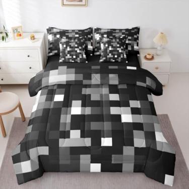 Imagem de jejeloiu Pixelated Conjunto de edredom solteiro cinza e preto, com lençóis, fronhas e capa de almofada, conjunto de cama de 7 peças, supermacio, para decoração de quarto de crianças, meninas, meninos