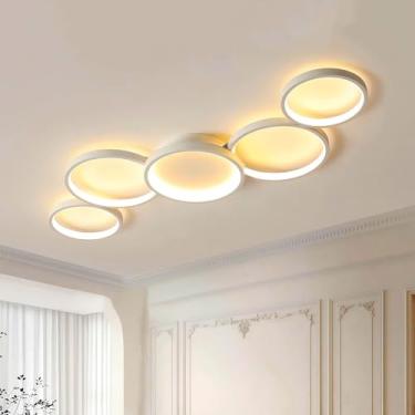 Imagem de Luminária de teto LED com luz quente 3000K, design moderno com 5 anéis, personalidade criativa, branca, ideal para sala de estar, quarto, sala de jantar, cozinha, corredor e escritório. Dime