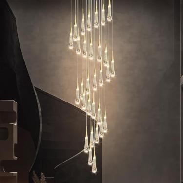 Imagem de Lustre LED em formato de gota de chuva, dimerizável, com 30 lâmpadas, 400 cm de comprimento, grande, em espiral de cristal dourado, luminária de teto pendente moderna para iluminação interna