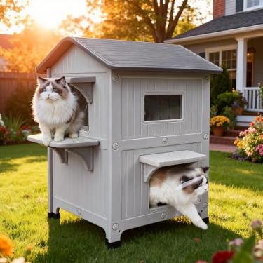 Imagem de Rockever Casa De Plástico Luxuosa Para Gatos Ao Ar Livre E Interna Com Porta De Escape, Casas Externas À Prova D'Água De 2 Andares Para Gatos Selvagens, Abrigo Externo Para Gatos, Espaçosa, Limpa E