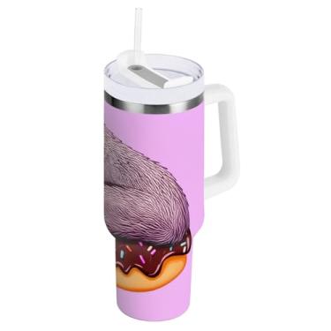 Imagem de Cute Sloth Donut Copos de isolamento duplo rosa com canudo e alça para água, copos isolados de 850 g / 0,89 L