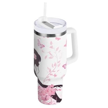 Imagem de Copos com isolamento duplo de 850 g com alça e tampa de palha, copo de café de viagem branco rosa fada