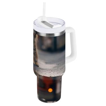 Imagem de Copo de café grande para viagem com tampa e canudo, copo isolado de parede dupla reflexão gatinho