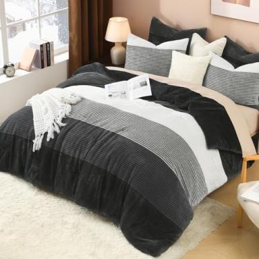 Imagem de Litanika Conjunto de edredom King de lã fofa, luxuoso, macio, listrado, cinza, branco, para todas as estações (1 edredom, 2 fronhas)