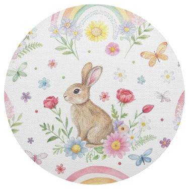 Imagem de Conjunto de 1 tapete de mesa de flores arco-íris coelho redondo, lavável de 38 cm, jogo americano de cozinha de PVC, para mesa de jantar, mesa de cozinha