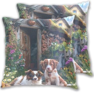 Imagem de ODAWA Capas de almofada Farmhouse Dogs 40,6 x 40,6 cm de veludo de algodão macio quadrado para sofá