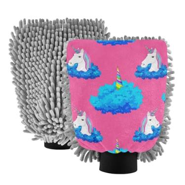 Imagem de ODAWA Luvas de lavagem de carro microfibra chenille, unicórnio azul rosa grande luva de lavagem de carro para limpeza de interiores e para-brisas 2 pacotes 18 cm x 26 cm