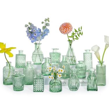 Imagem de SUPMIND Conjunto de vasos de vidro, 16 peças de vasos de flores verdes pequenos para centros de mesa a granel, mini vaso vintage para casamento, casa, decoração de mesa