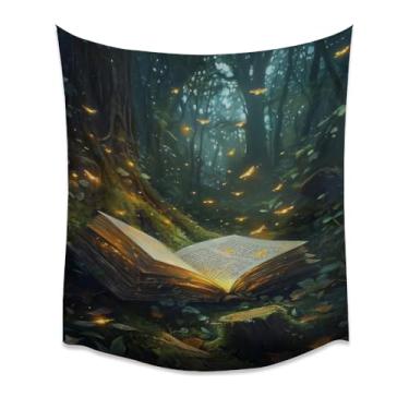 Imagem de Tapeçaria de parede de livro de feitiços mágicos floresta brilhante cena de livro vaga-lume encantado floresta arte para quarto sala de estar decoração de casa mística branco 152 x 203 cm