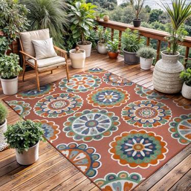 Imagem de Tapete para ambientes externos, 15 x 23 cm, lavável, tapetes para ambientes internos e externos, laranja, boêmio, medalhão, impermeável, fácil de limpar, terraço, varanda, sala de estar, quarto