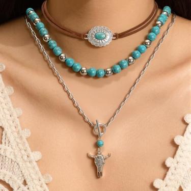 Imagem de Colar com pingente de imitação de turquesa, colar em camadas empilhadas, colar de pedra de cristal colorido para mulheres, Large, Metal metal Imitação de turquesa, imitação de cristal