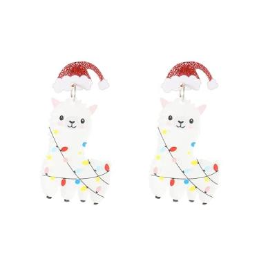 Imagem de Brincos de acrílico engraçados de Natal para mulheres, meninas, exclusivos, chiques, dinossauros verdes brilhantes, animais alpaca brancos com chapéu de Papai Noel vermelho, árvore de Natal, cacto,