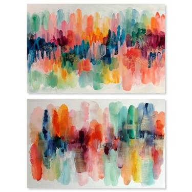 Imagem de Conjunto de 2 arte de parede de banheiro com estampa de energia costeira azul-petróleo e coral por Art Remedy, embalagem para galeria, 61 x 40 cm