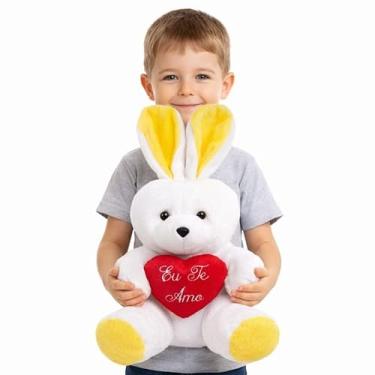 Imagem de Coelho Grande de Pelúcia 48cm com Coração "Eu Te Amo" Presente Infantil Páscoa (Amarelo)