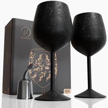 Imagem de vaanshie Copos de vinho de aço inoxidável de 500 ml [Conjunto de 2] – Taças reais banhadas a preto fosco gravadas com gravuras barrocas complexas, copos inquebráveis (BlackMatte_Wine)