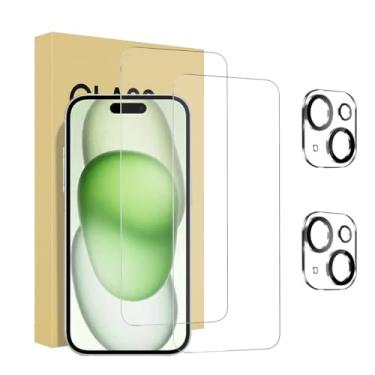 Imagem de Pacote com 2 + 2 protetores de tela para iPhone 15 Plus de 6,7 polegadas de vidro temperado com protetor de lente de câmera, kit de instalação premium mais fácil, sem bolhas, compatível com capas