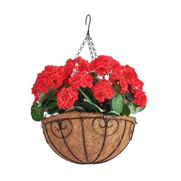 Imagem de Mikasa Planta floral falsa com flores vermelhas, videira artificial de gerânios, cesta de plástico realista, flores falsas para decoração de casa, ambientes internos e externos