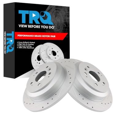 Imagem de TRQ Conjunto de rotores de freio traseiro de desempenho premium G-Coated Slotted X Drilled Compatível com Honda Passport 2019-2022 2016-2022 Pilot 2017-2023 Ridgeline